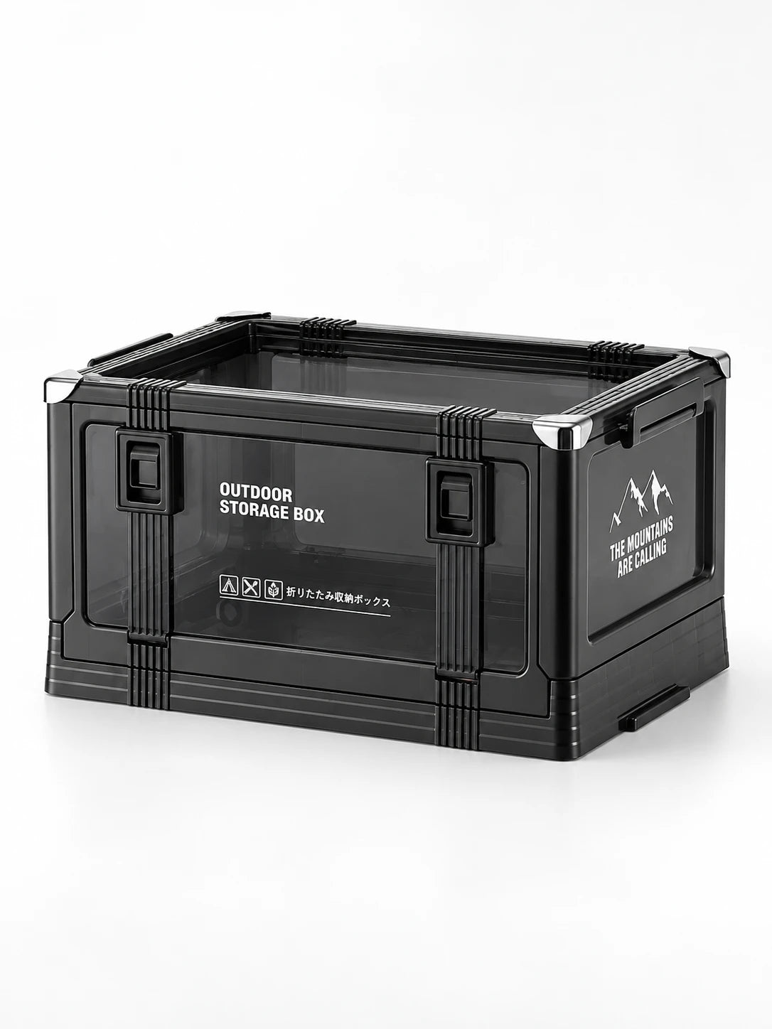 black collapsible storage crate with clear latched side doors, studio shot on white