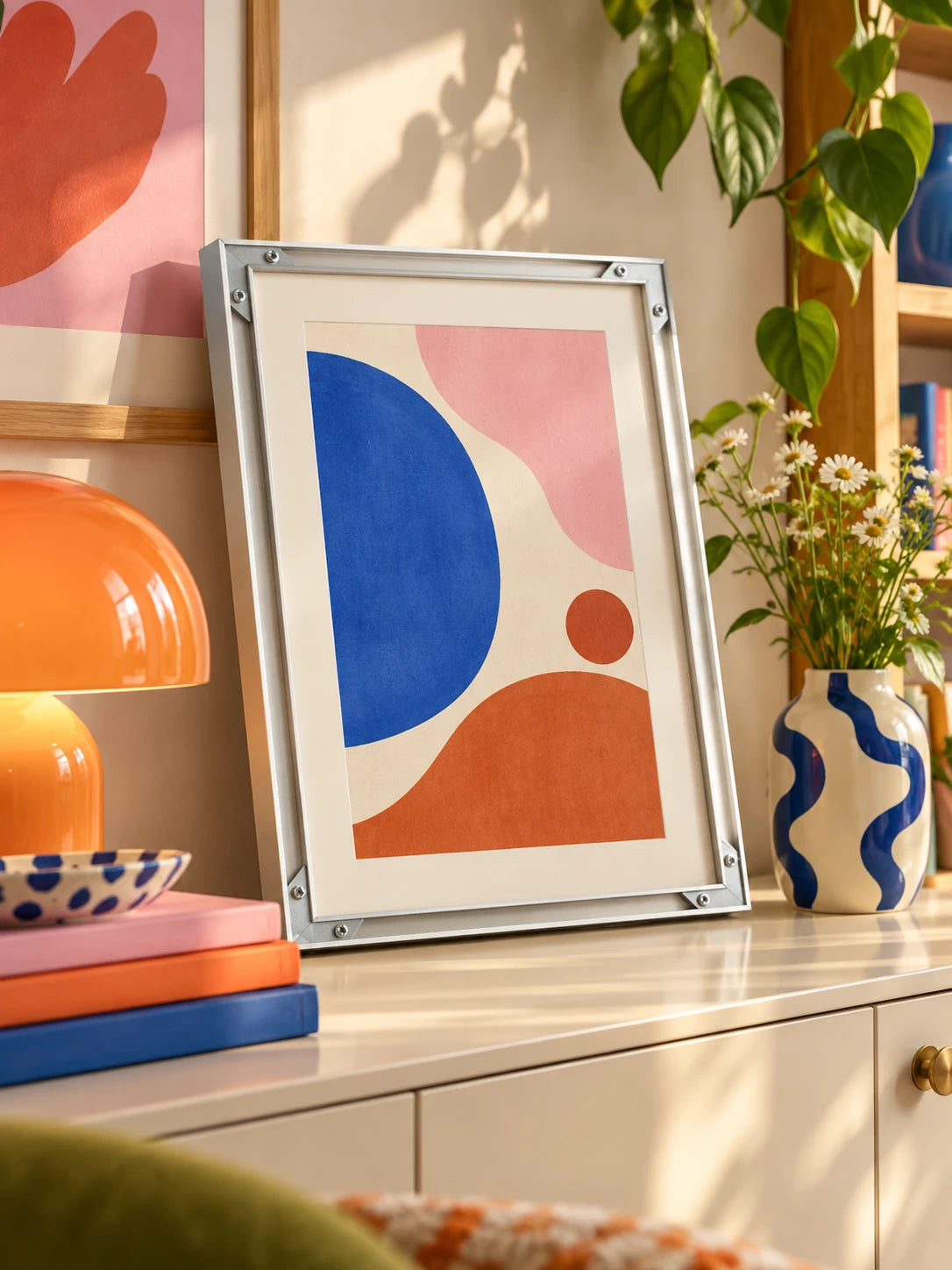 silver aluminum frame with print standing on a shelf ledge