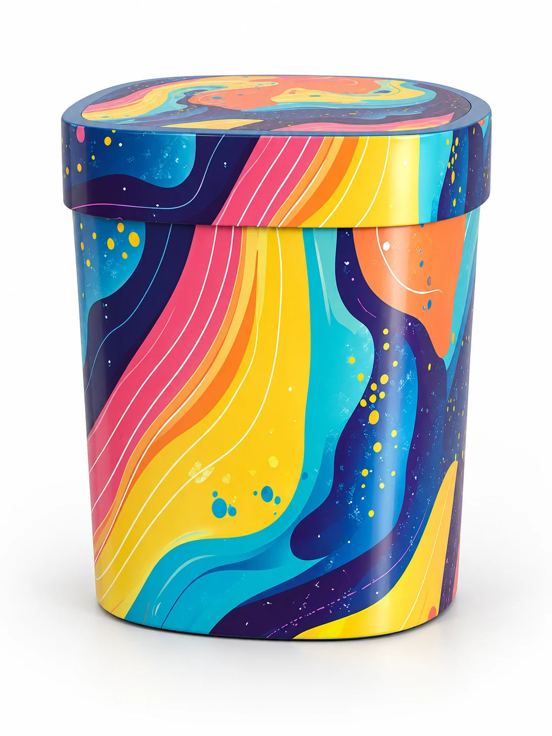lidded waste bin in a blue yellow pink and orange swirl print, studio shot on white