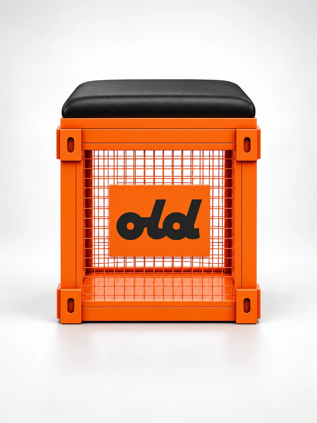 Orange mesh cage storage stool with a black top and a front name plate, studio shot on white