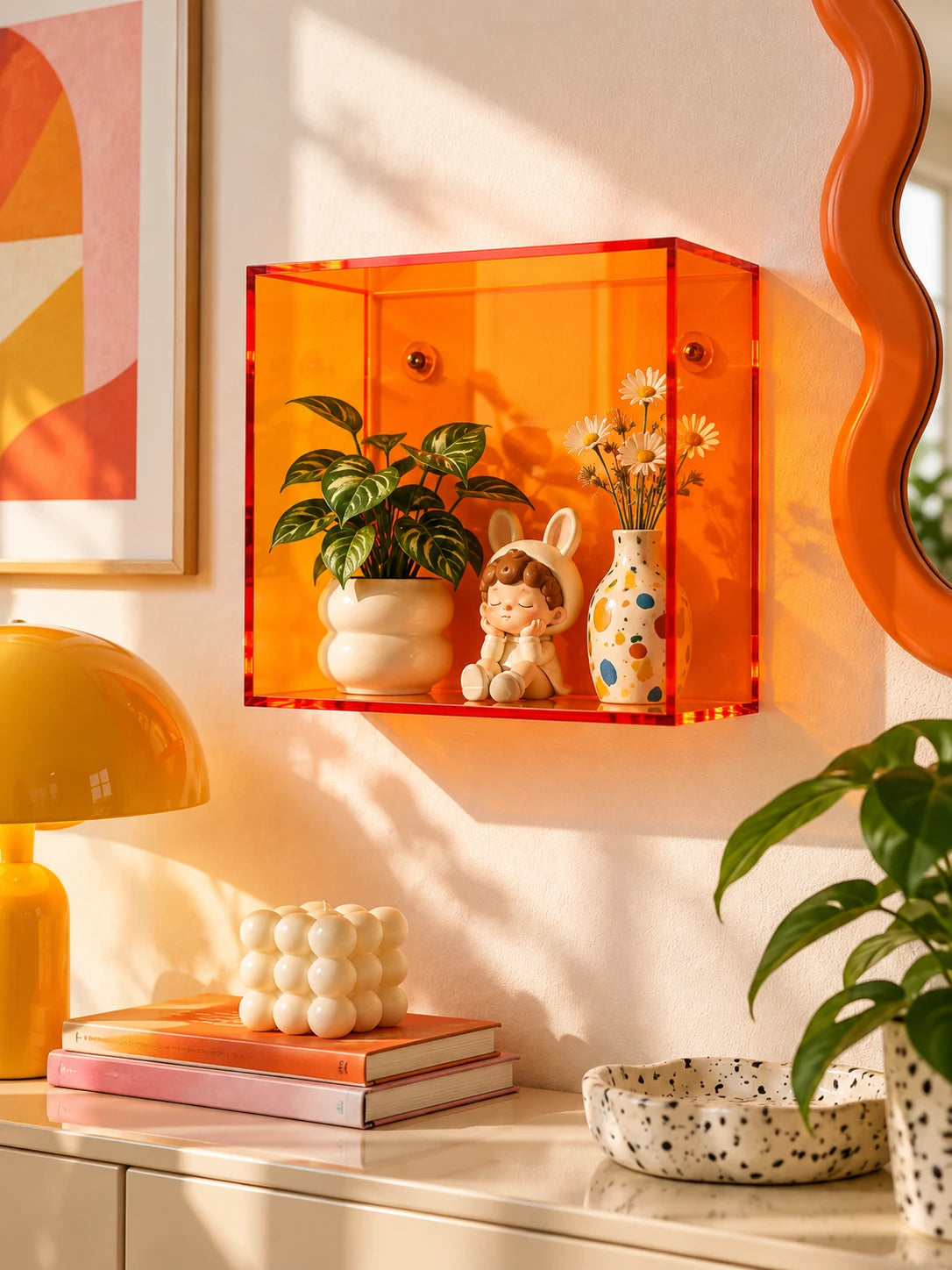 orange acrylic wall box with plant, figurine and daisy vase above a dresser