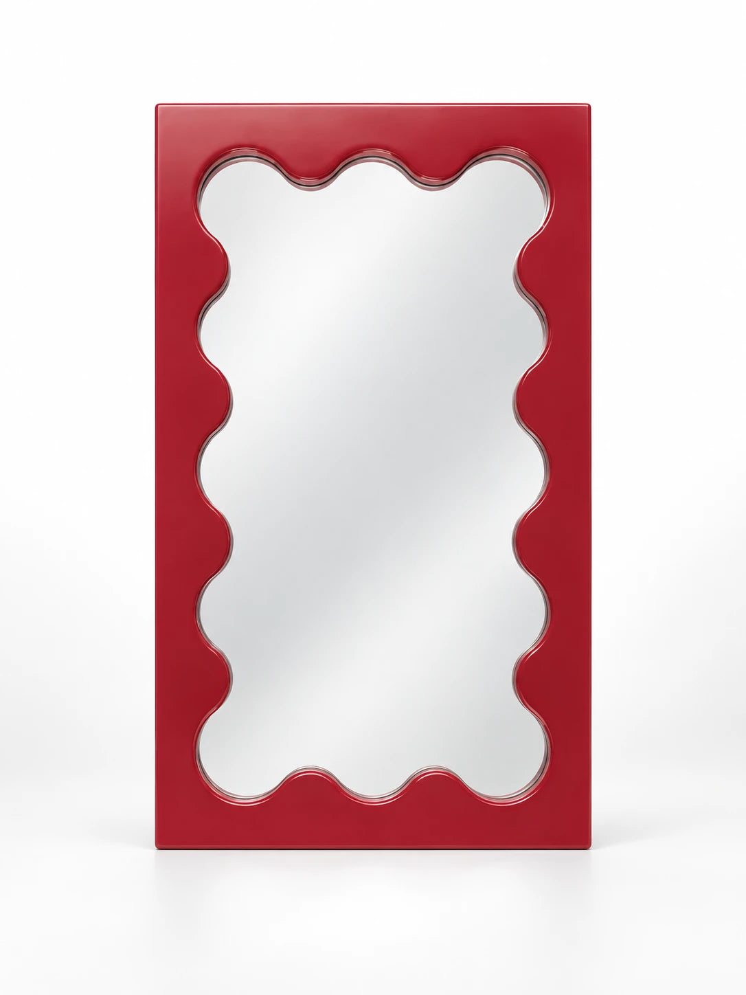 Red solid wood vanity mirror with wavy scalloped inner frame