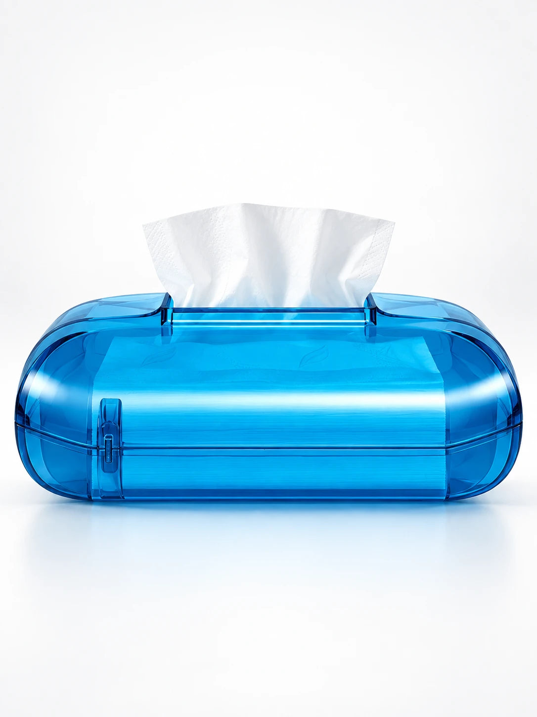 Blue translucent acrylic tissue box with tissue fan, studio shot