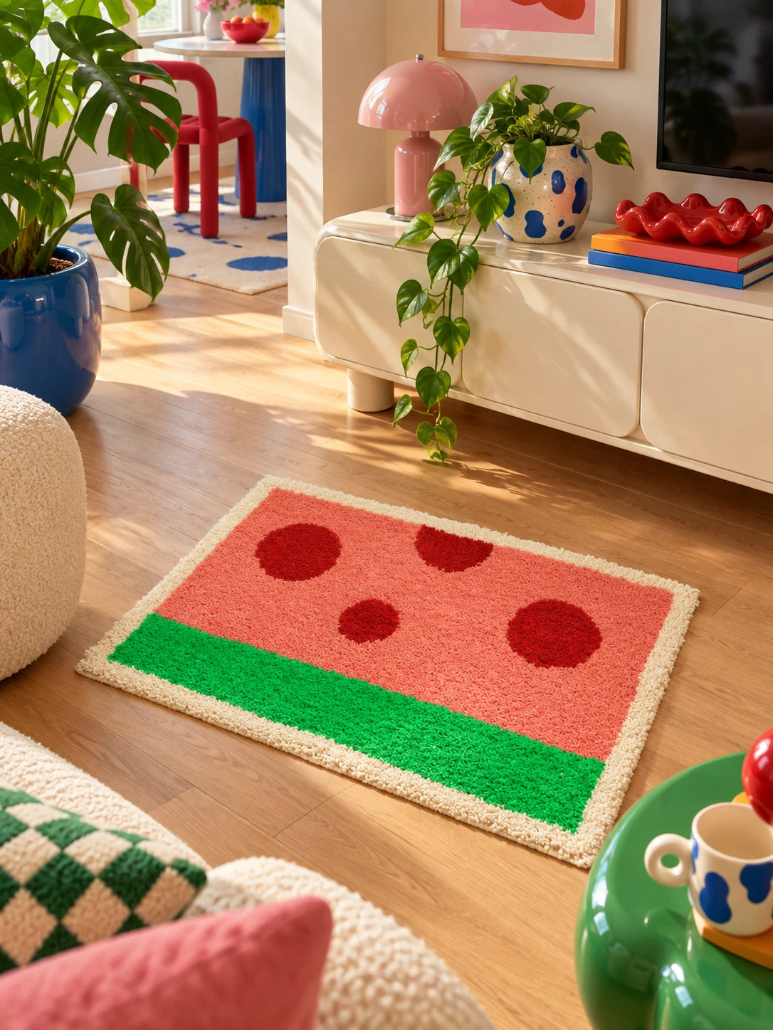 watermelon flocked mat in front of a cream media console with a pink lamp