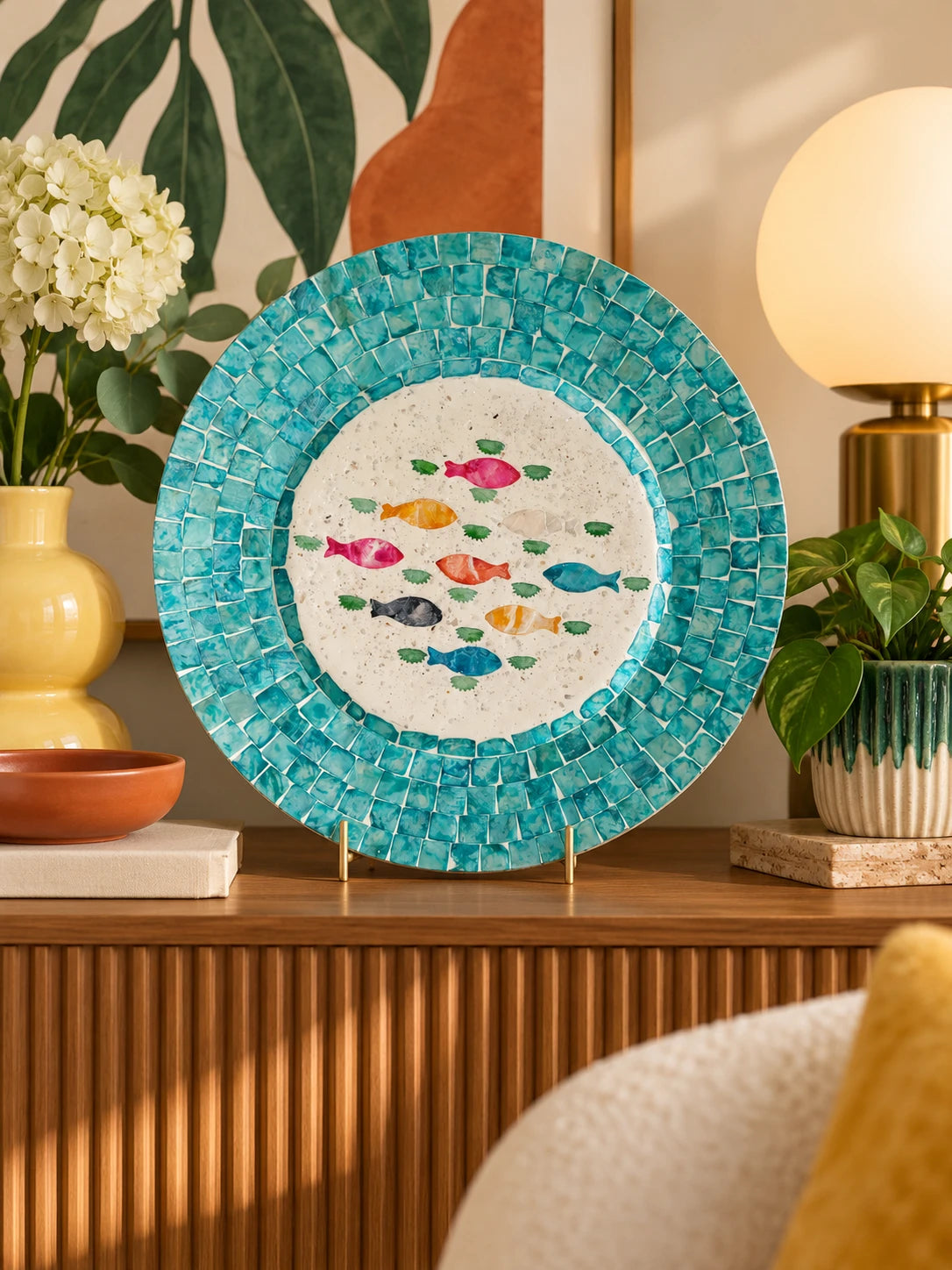 Shell mosaic fish plate displayed on a wooden sideboard with hydrangeas and a gold lamp