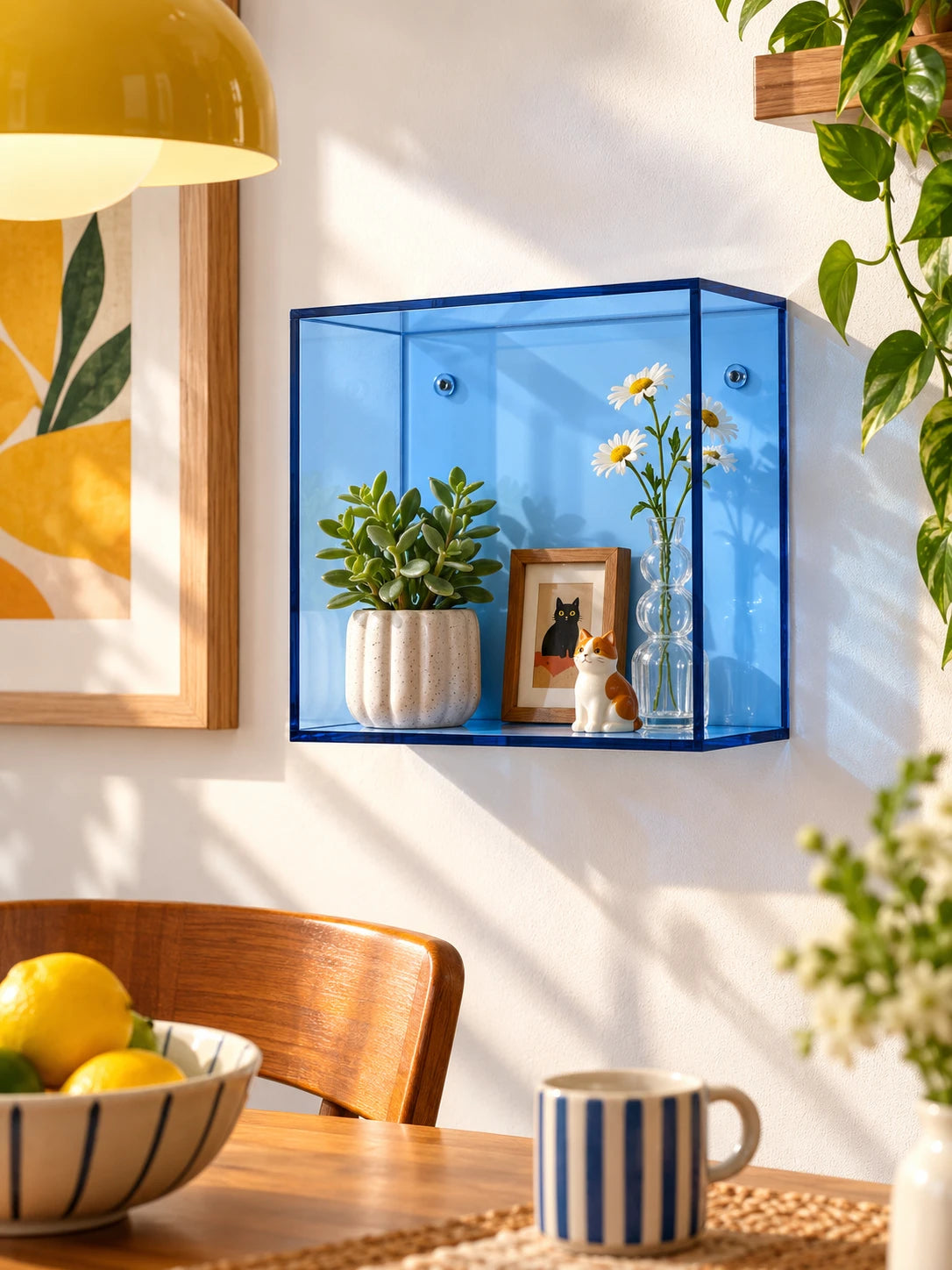 blue acrylic wall display box with plant, framed print and cat figure in a dining nook