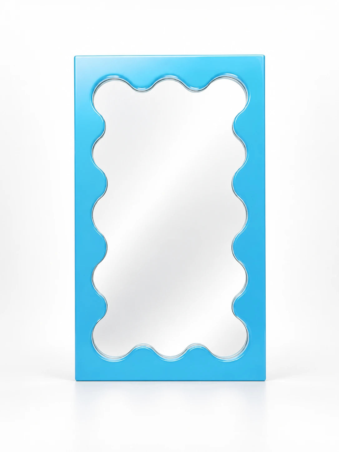 Light blue solid wood vanity mirror with scalloped wavy inner border