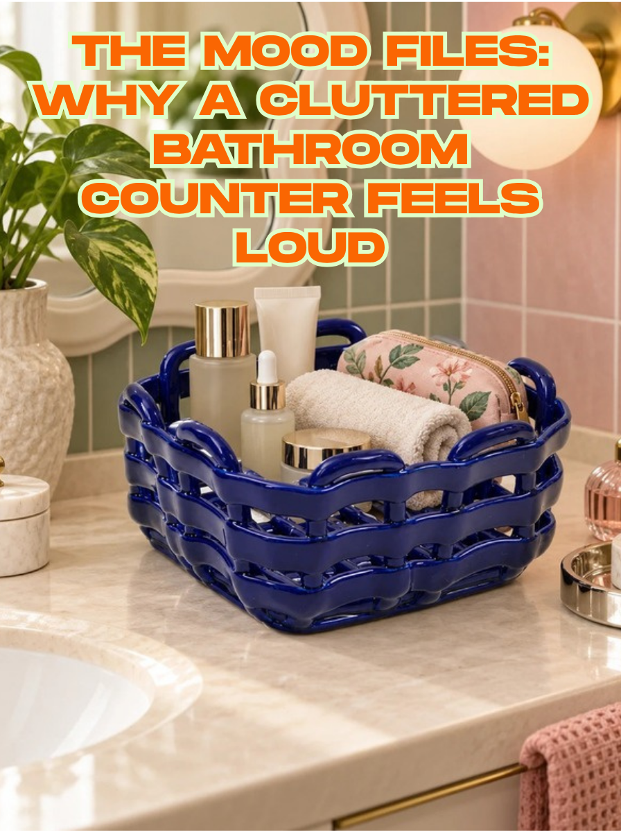 Cobalt woven ceramic basket holding rolled towels and skincare on a small bathroom counter under a globe wall light, with the title The Mood Files: Why a Cluttered Bathroom Counter Feels Loud