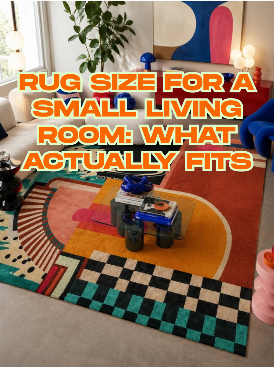 Colorful abstract area rug filling a living room floor under a cream sectional and glass coffee table