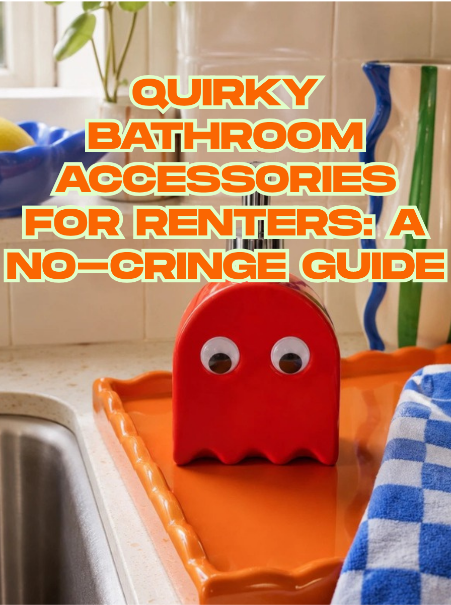 quirky ceramic ghost soap dispenser with googly eyes on an orange scalloped tray — styled rental bathroom counter