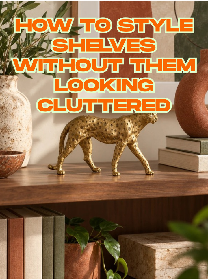 Antiqued gold cheetah statue on a walnut shelf with art books and a terracotta vase, under the title How to Style Shelves Without Them Looking Cluttered