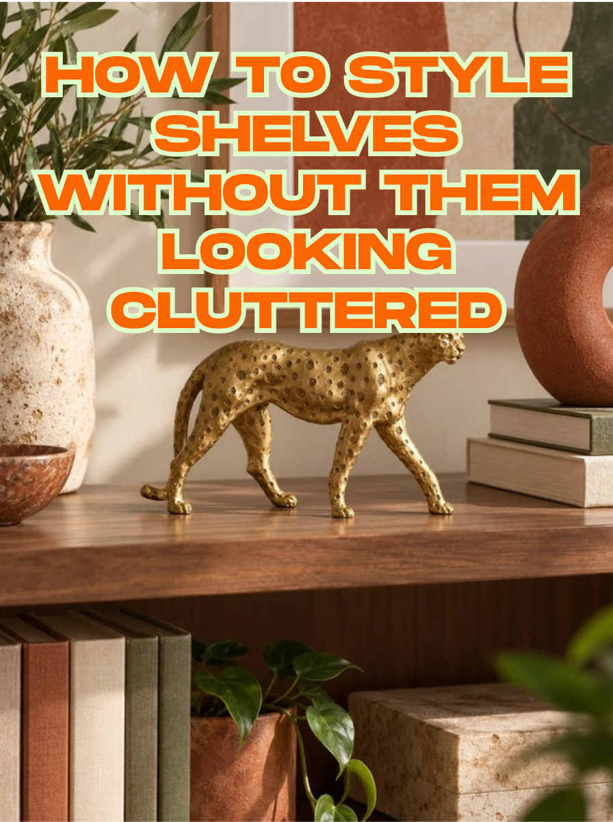 Antiqued gold cheetah statue on a walnut shelf with art books and a terracotta vase, under the title How to Style Shelves Without Them Looking Cluttered
