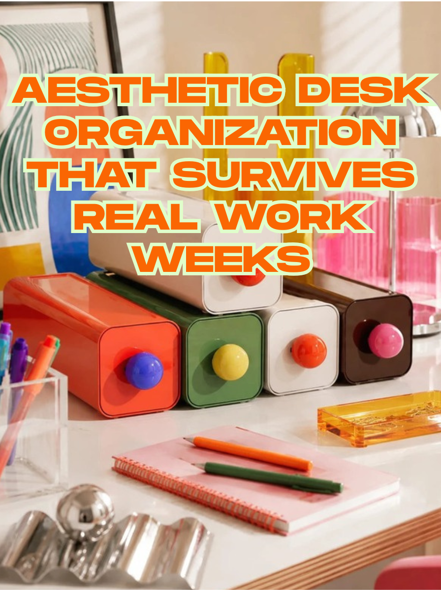 Aesthetic desk cover: colorful stacked modular storage drawers with ball knobs in a dopamine decor workspace — blog cover