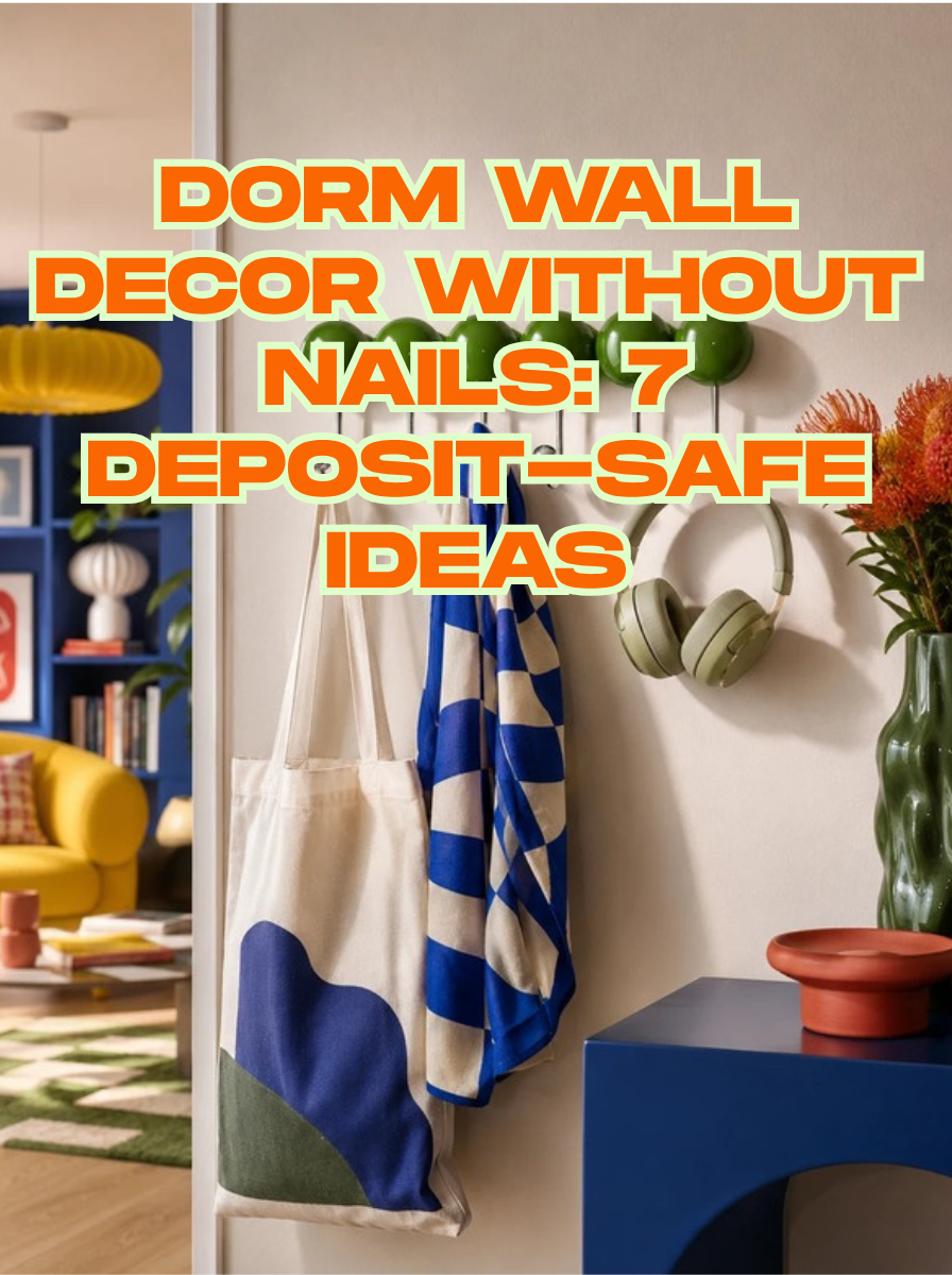 Dorm wall decor without nails — green suction ball hook rack styled with tote bag, checkerboard scarf and headphones, with the article title overlaid