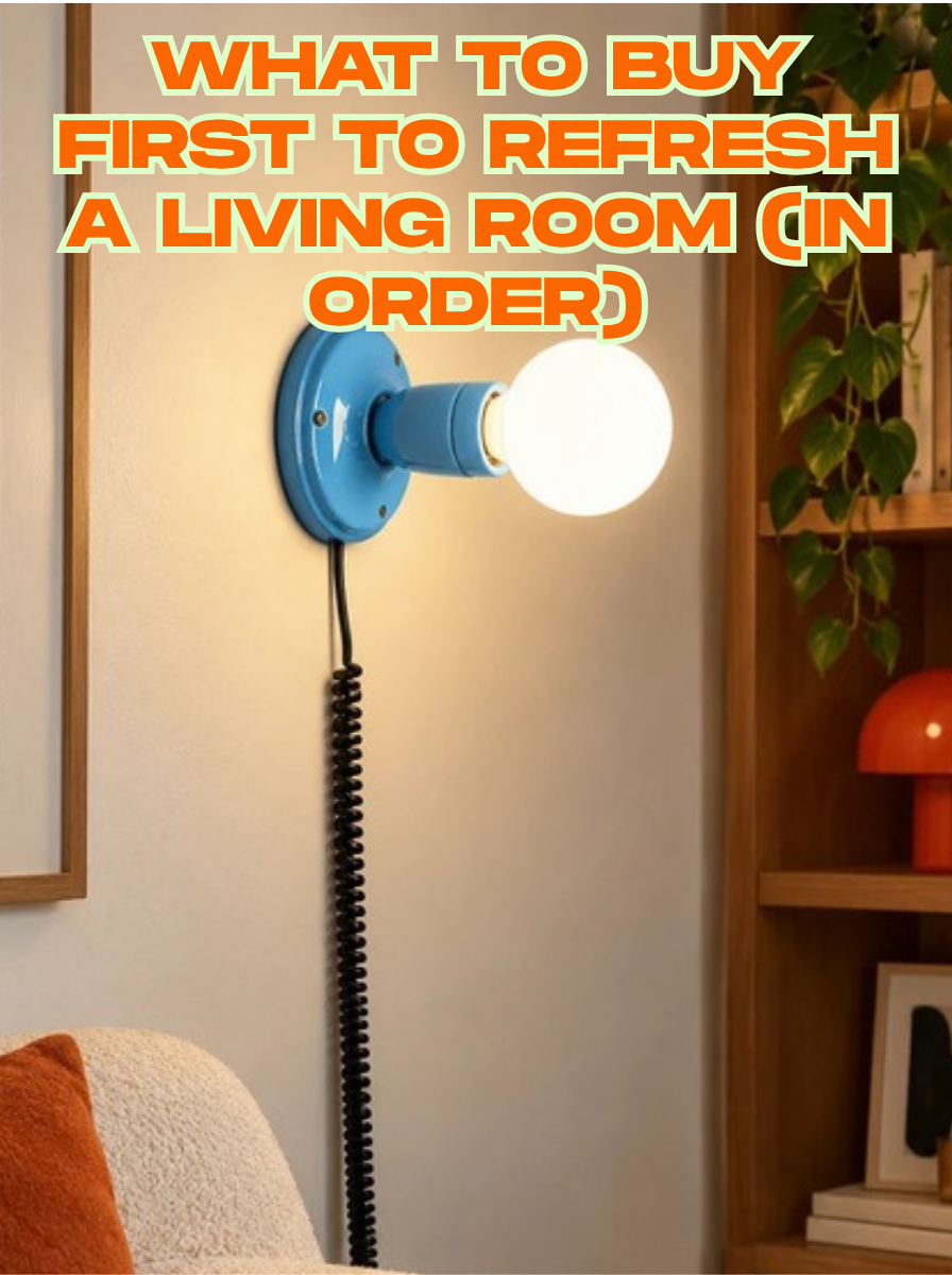 Sky-blue glazed ceramic wall light with a coiled black cord glowing beside a wooden bookshelf, under the title What to Buy First to Refresh a Living Room (In Order)