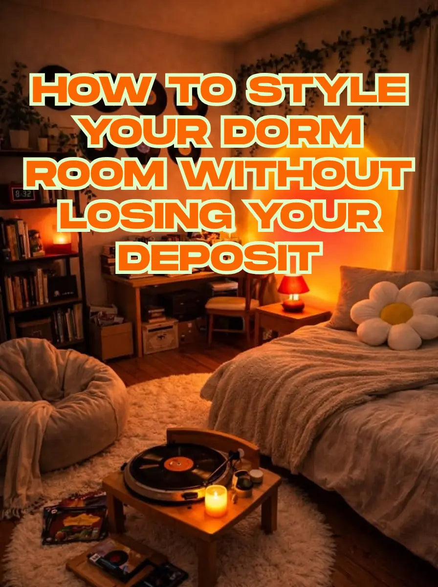 Dorm room styling cover — warm lamp-lit dorm with daisy pillow bed, beanbag chair, record player and sunset lamp glow