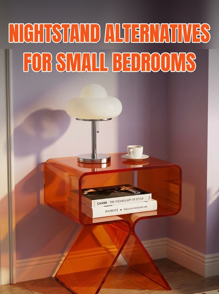 Orange translucent acrylic side table with a cloud lamp, coffee cup and books against a lavender wall, with the title Nightstand Alternatives for Small Bedrooms