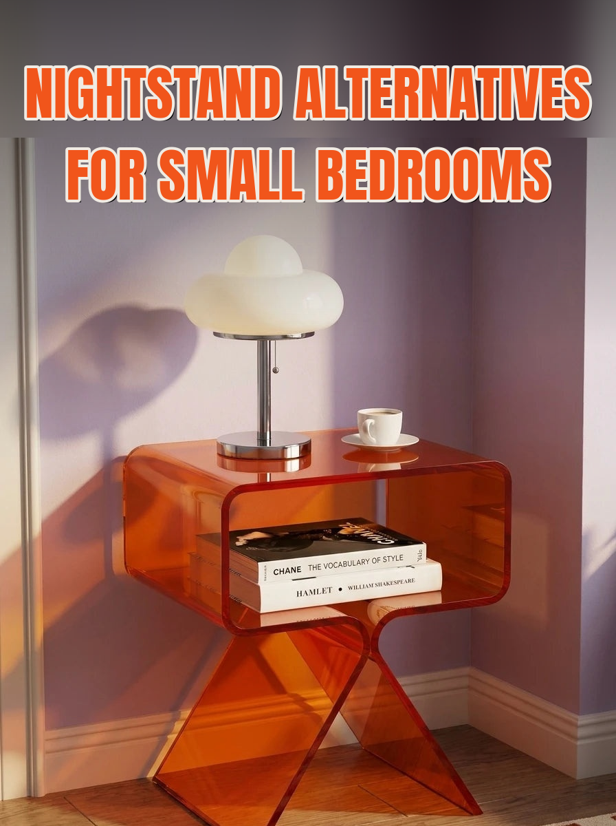 Orange translucent acrylic side table with a cloud lamp, coffee cup and books against a lavender wall, with the title Nightstand Alternatives for Small Bedrooms