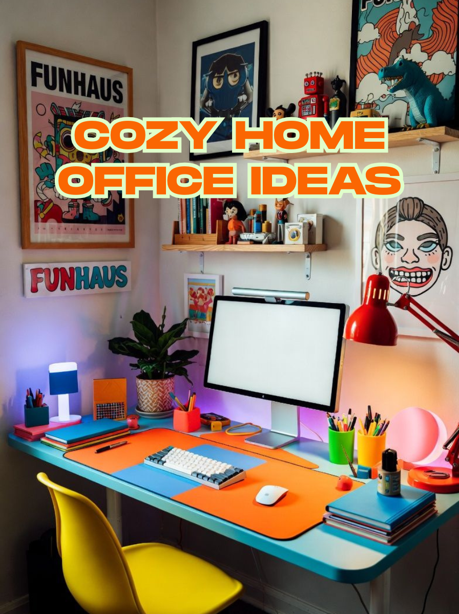 Cozy home office ideas cover — colorful desk setup with blue desk, orange mat, yellow chair, red task lamp and playful poster gallery wall