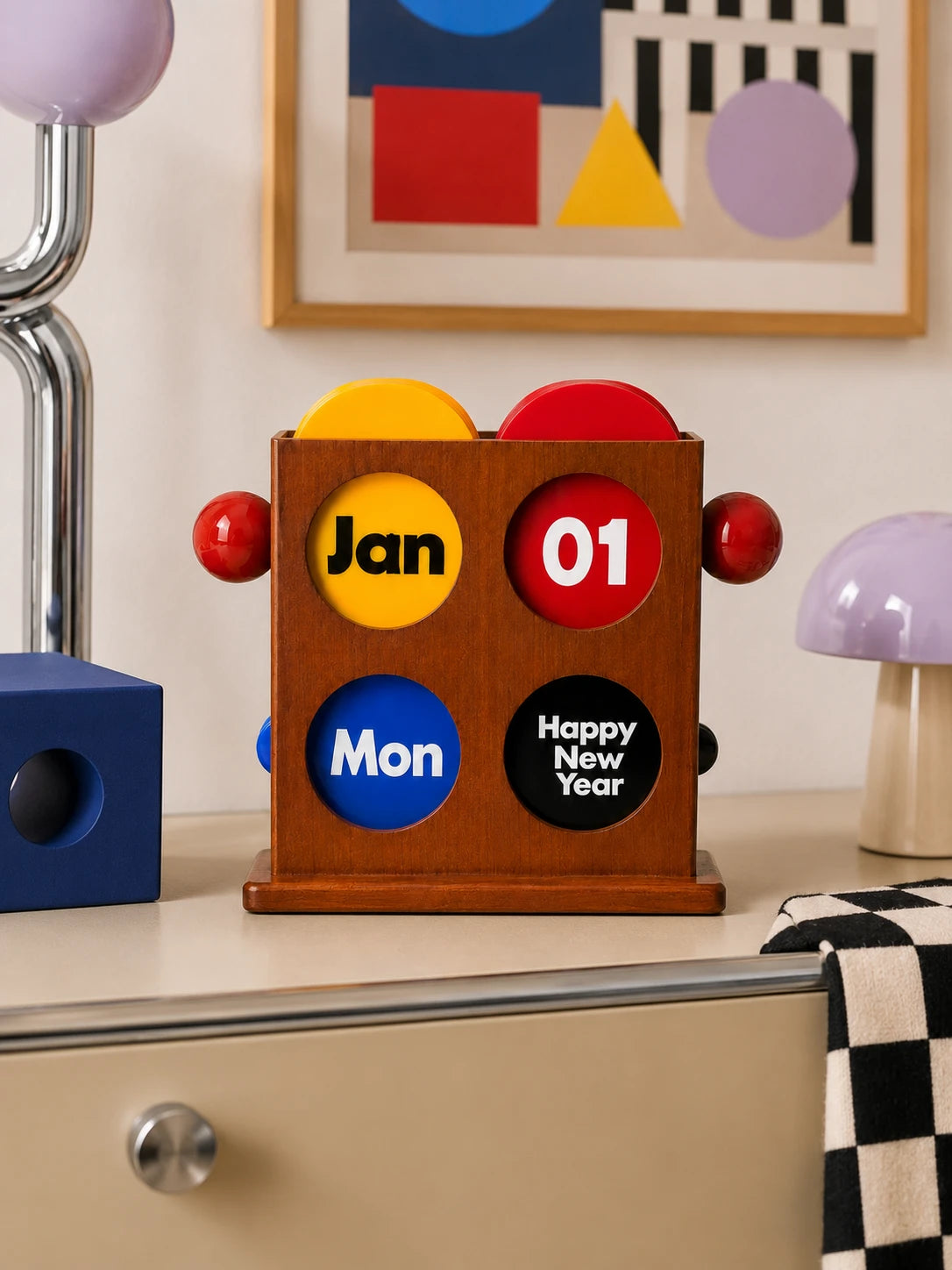 wood desk calendar with colorful date discs on a beige cabinet beside a purple mushroom lamp