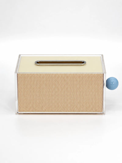 cream acrylic tissue box with tan graph-paper grid, chrome slot and light blue ball accent
