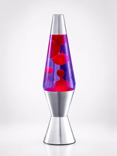 retro lava lamp with purple liquid and hot-pink wax in a clear glass cone on a polished silver base