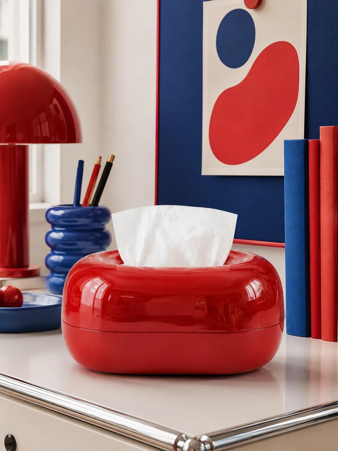 High-Gloss Red Ceramic Tissue Box Cover | Sculptural Organic Form