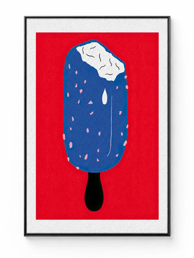 framed art print of a blue speckled popsicle with a white cream top on a red background