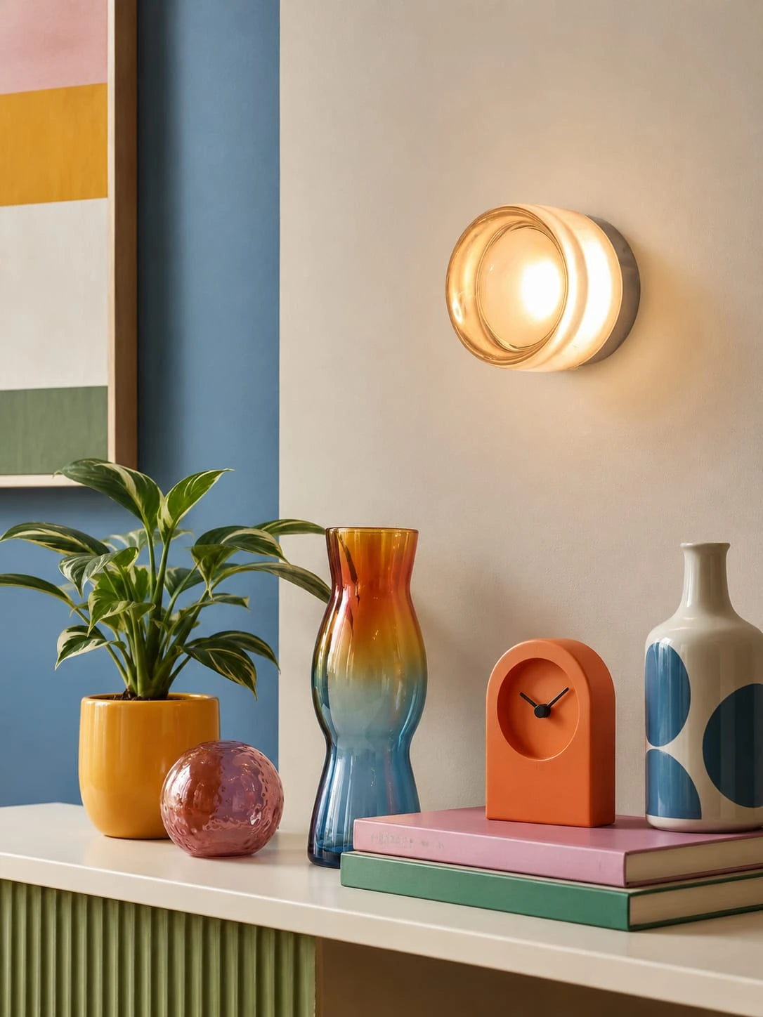 amber acrylic disk wall lamp glowing in a hallway