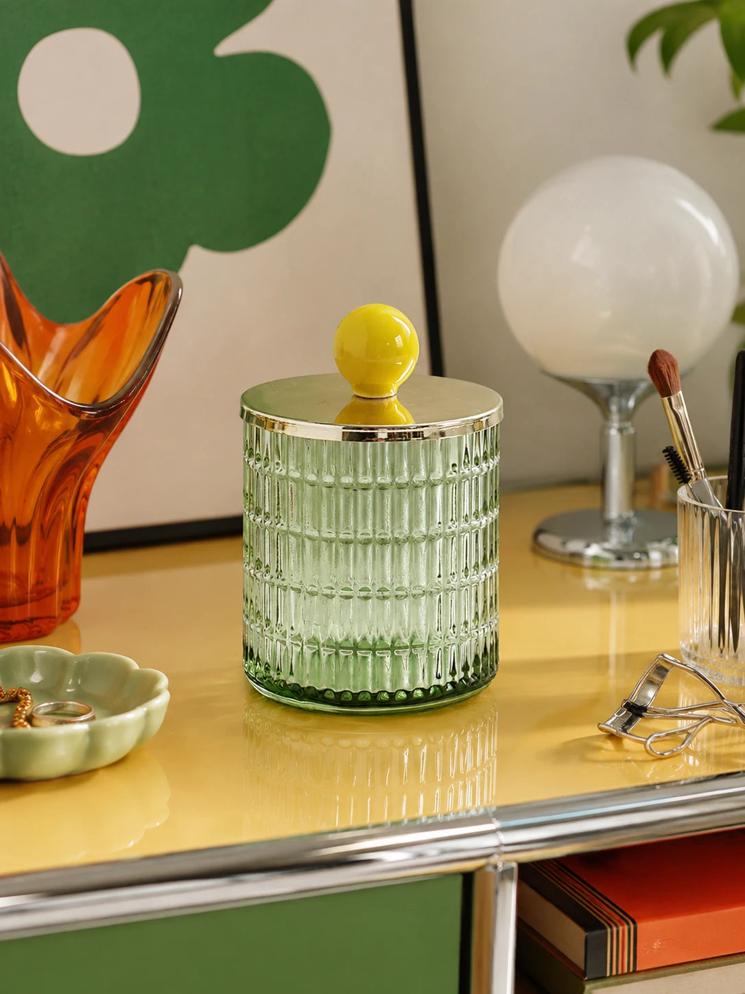 Ribbed Glass Ball-Knob Storage Jar