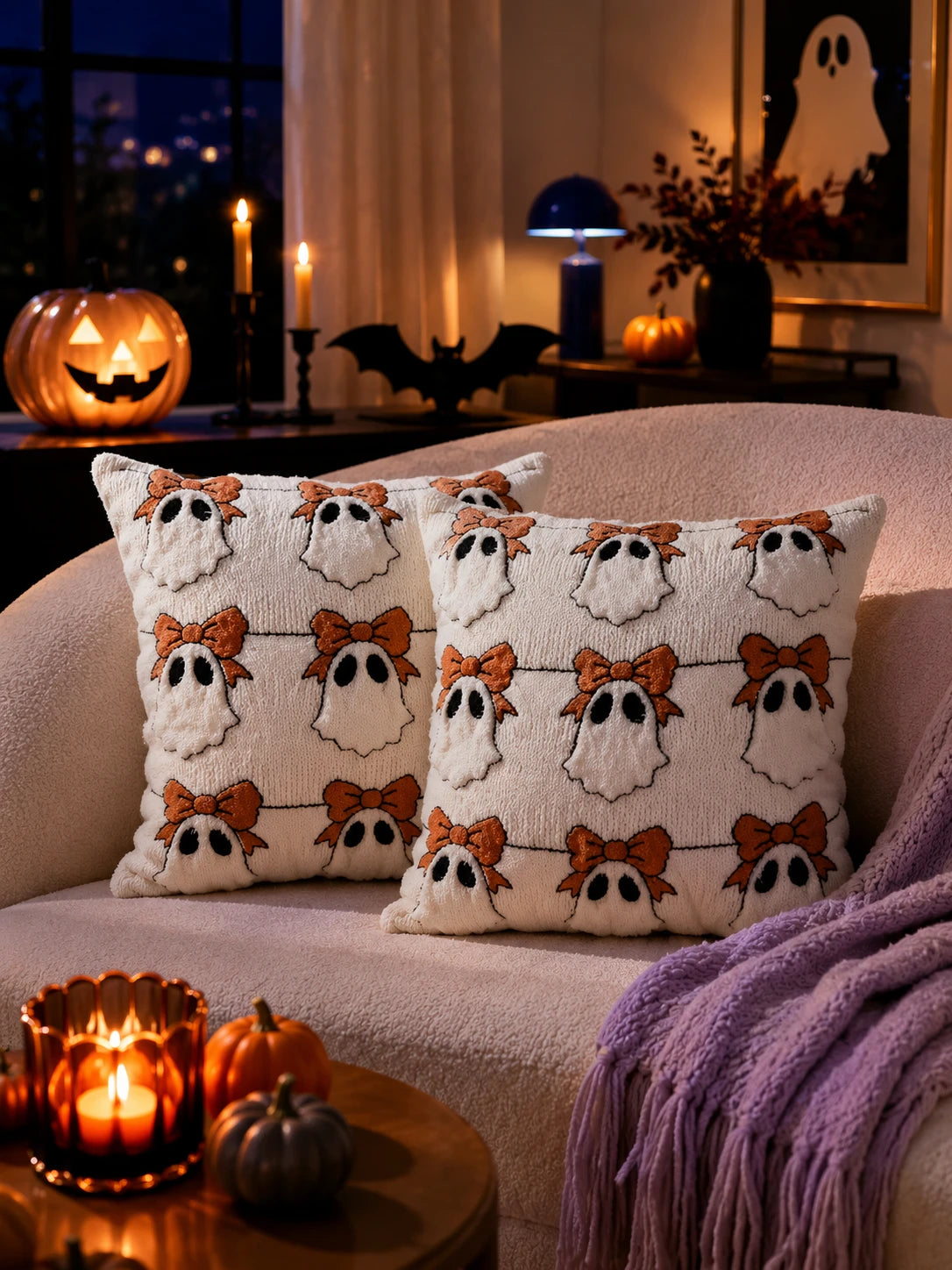 Halloween Velvet Pumpkin & Ghost Pillow Cover