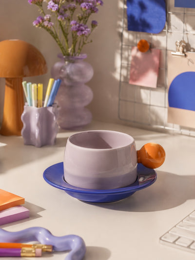 Bubble Handle Ceramic Cup & Saucer Set — Playful Dopamine Decor Tableware