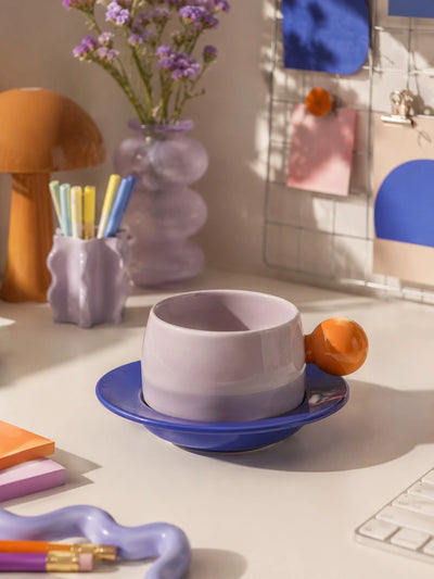 Bubble Handle Ceramic Cup & Saucer Set — Playful Dopamine Decor Tableware