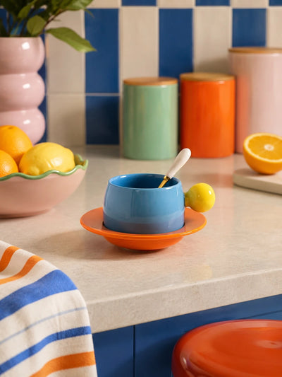 Bubble Handle Ceramic Cup & Saucer Set — Playful Dopamine Decor Tableware
