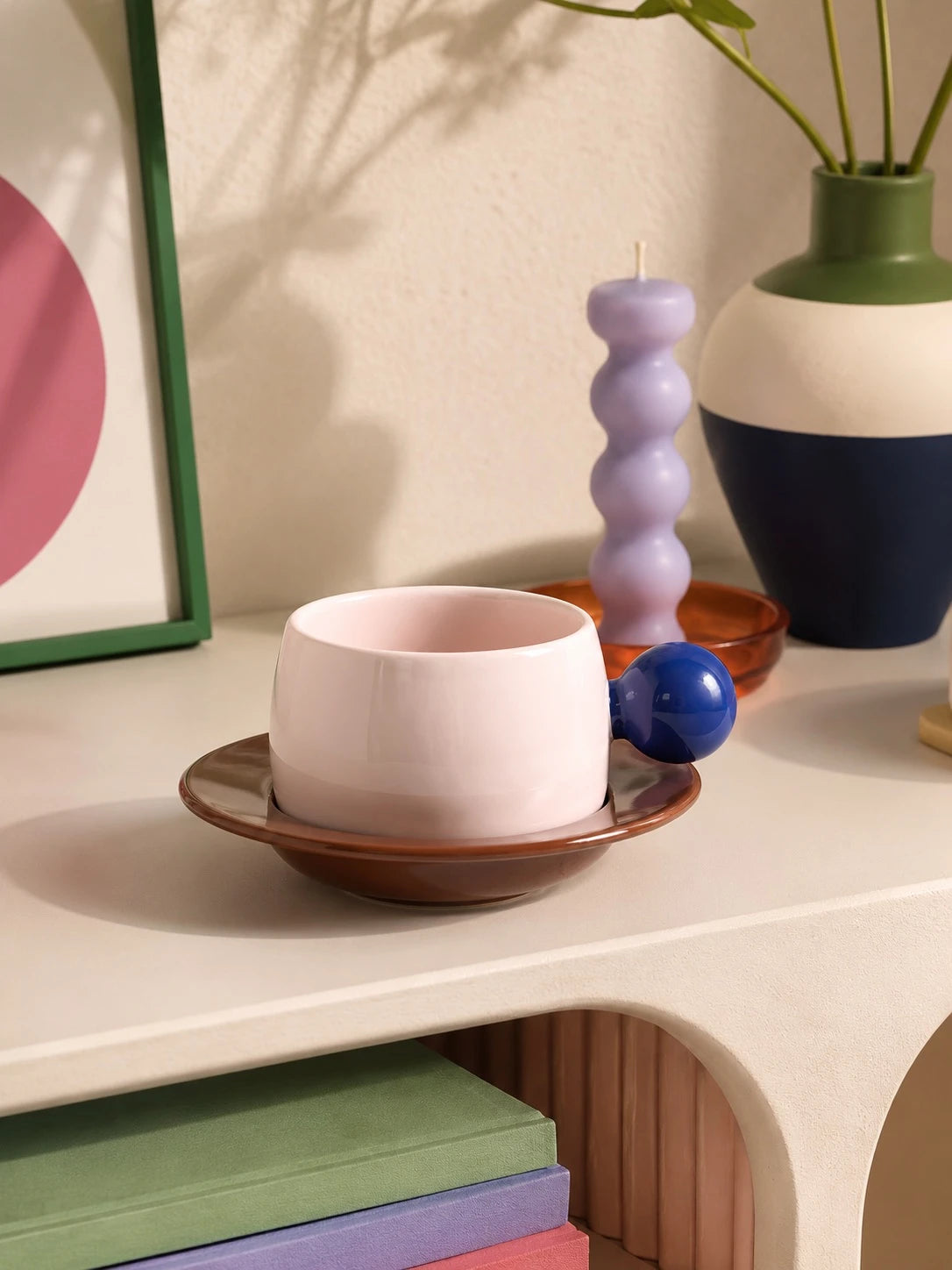 Bubble Handle Ceramic Cup & Saucer Set — Playful Dopamine Decor Tableware