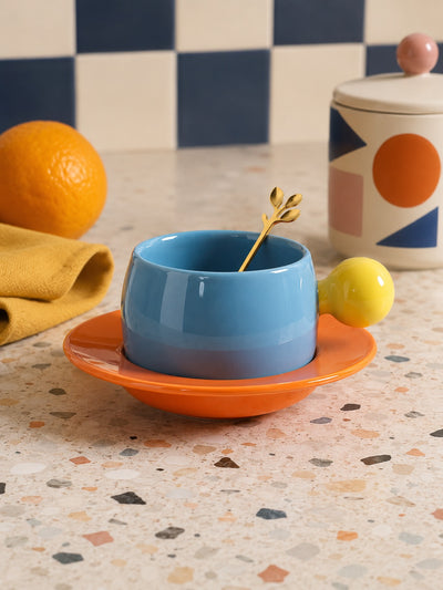 Bubble Handle Ceramic Cup & Saucer Set — Playful Dopamine Decor Tableware