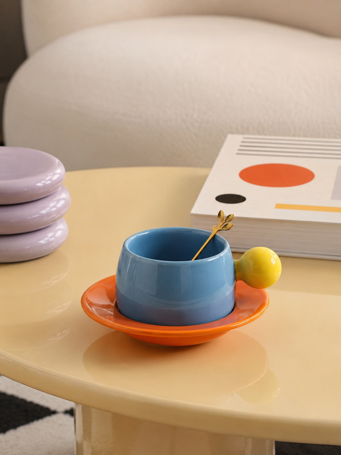 Bubble Handle Ceramic Cup & Saucer Set — Playful Dopamine Decor Tableware