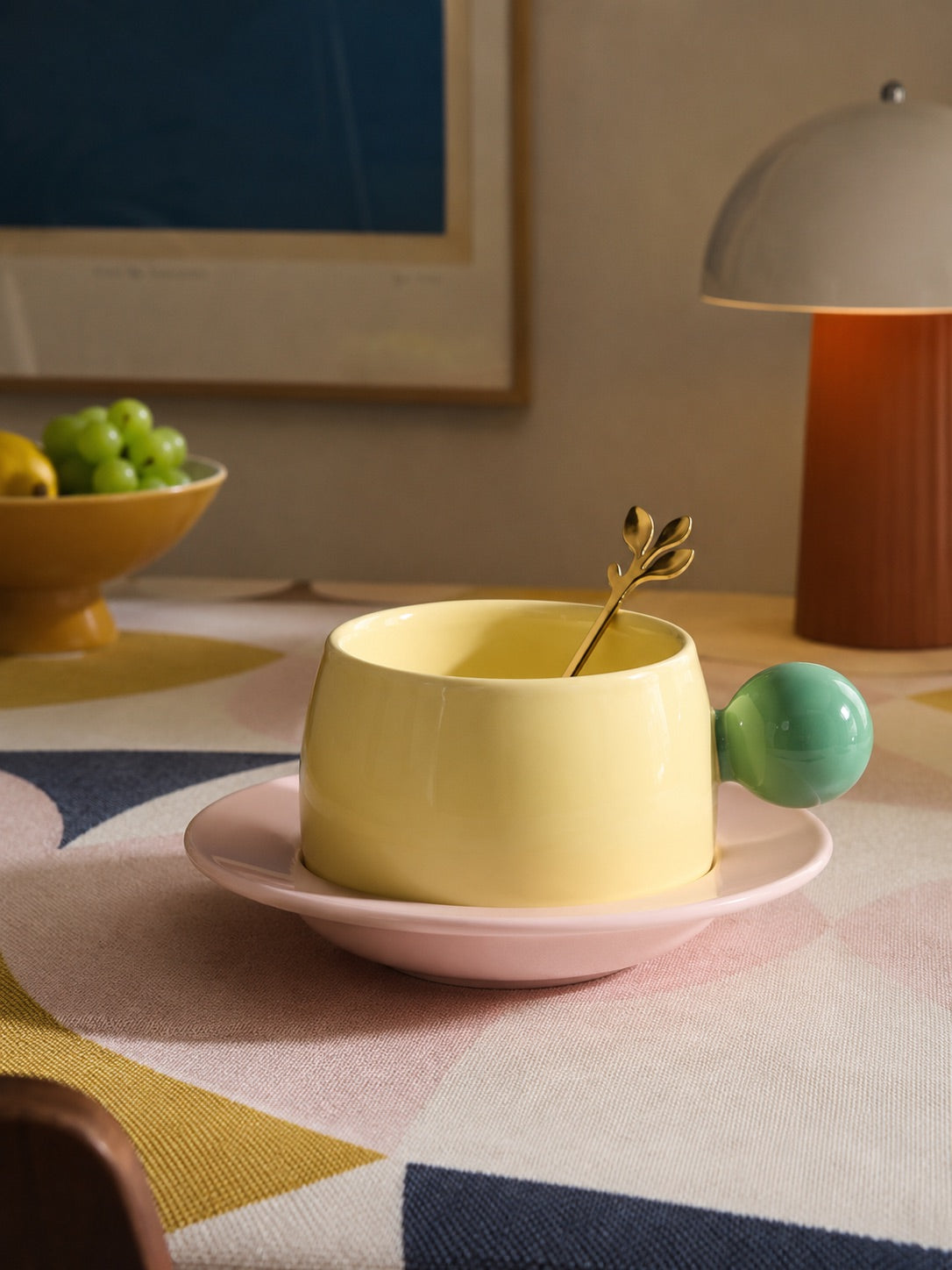 Bubble Handle Ceramic Cup & Saucer Set — Playful Dopamine Decor Tableware