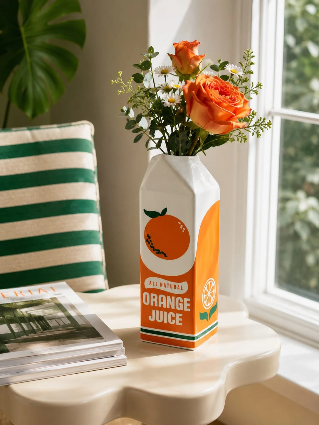 Orange Juice Carton Ceramic Vase: Pop Art Dopamine Accent