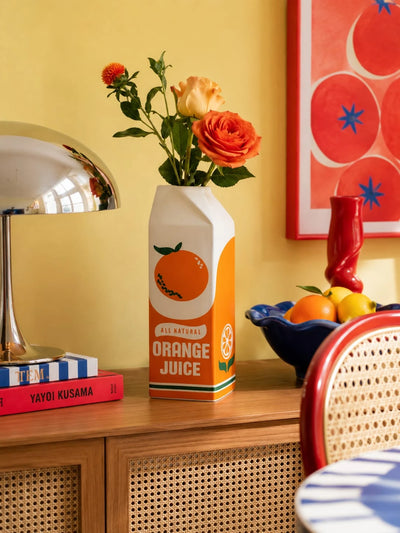 Orange Juice Carton Ceramic Vase: Pop Art Dopamine Accent