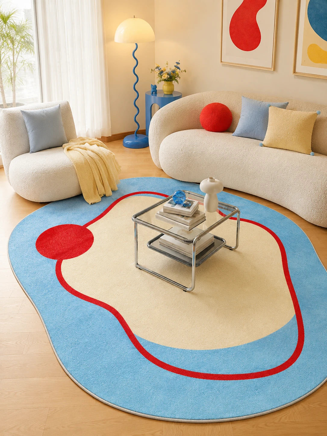 blue irregular rug under a chrome side table between two white curved sofas in a living room
