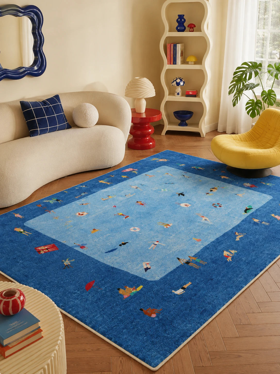 blue swimming pool rug with tiny beachgoers under a cream boucle sofa and yellow swivel chair