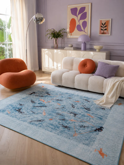 Folk Fishing Scene Washable Rug