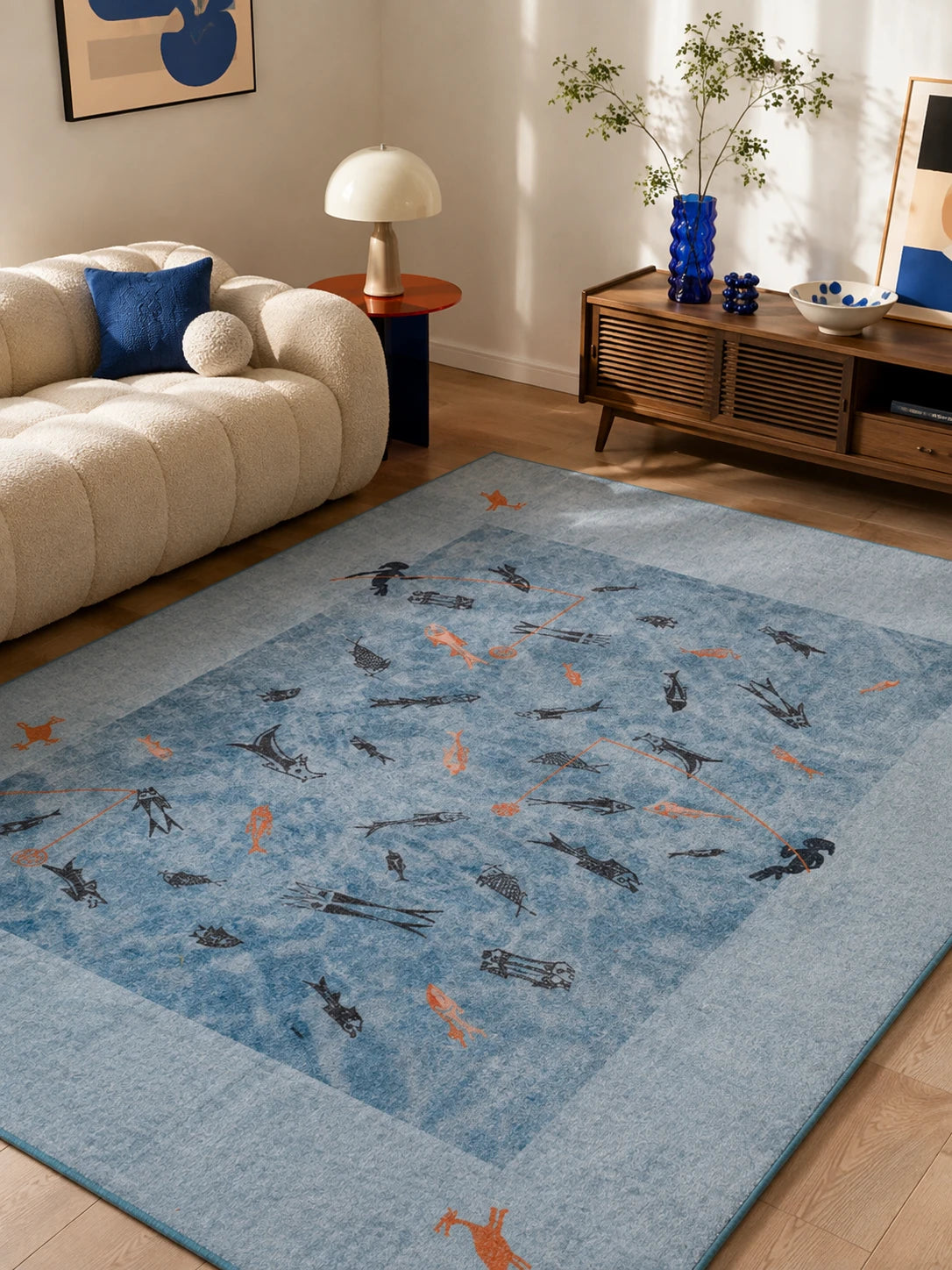 Folk Fishing Scene Washable Rug