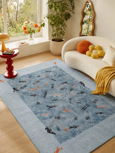 Folk Fishing Scene Washable Rug