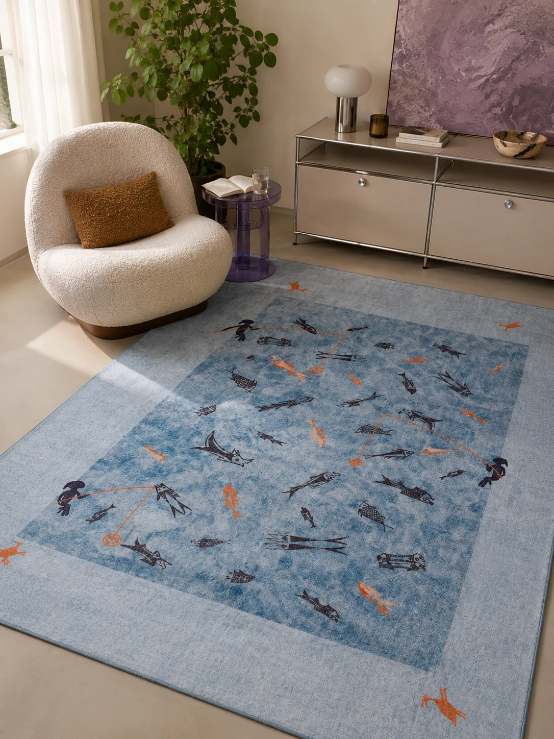 Folk Fishing Scene Washable Rug