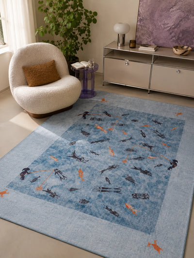 Folk Fishing Scene Washable Rug