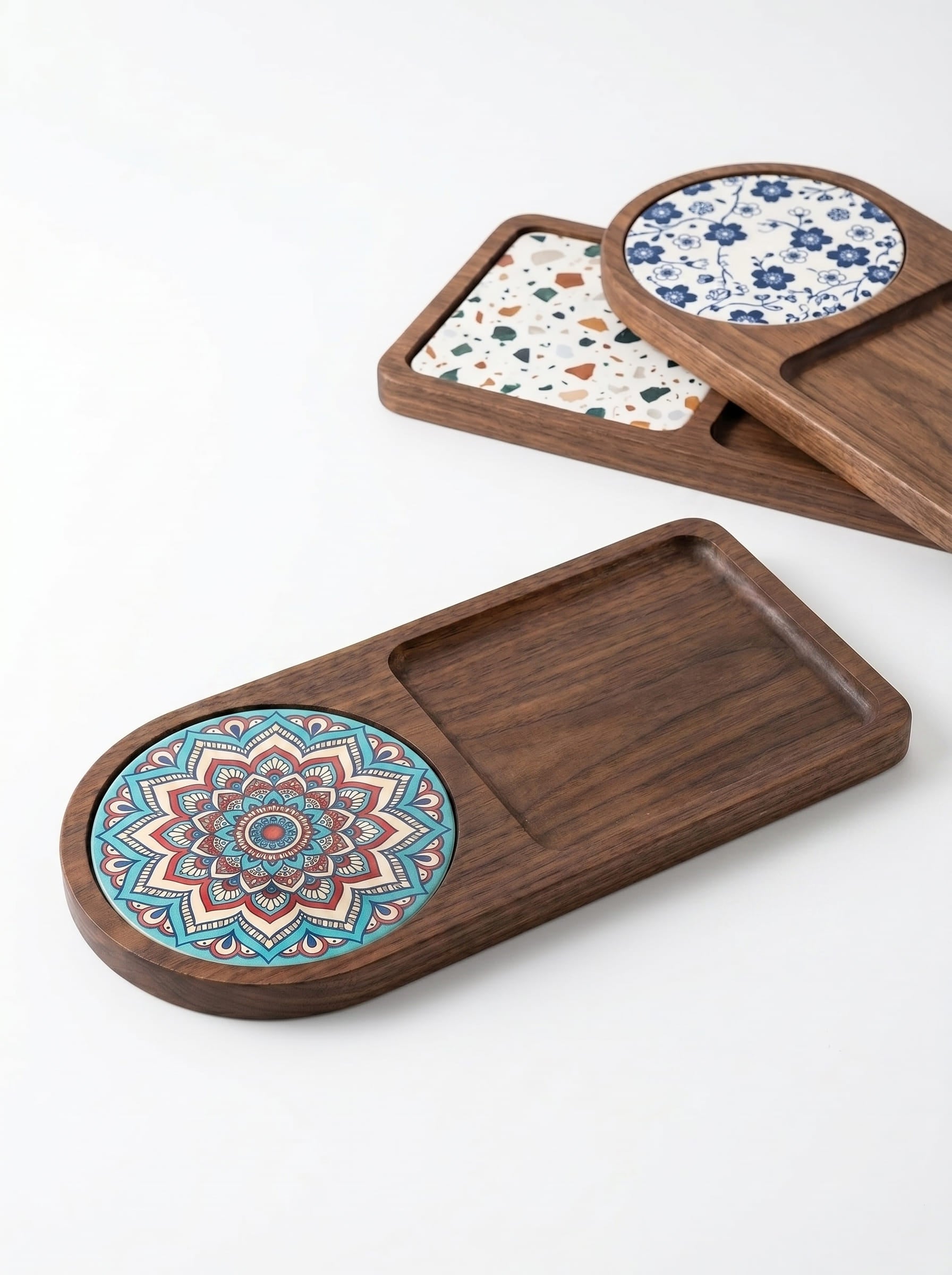 Acacia Wood Coffee Tray – Serving Platter with Detachable Ceramic Coaster