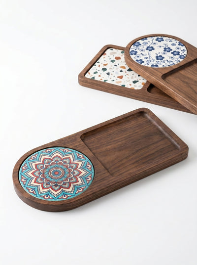 Acacia Wood Coffee Tray – Serving Platter with Detachable Ceramic Coaster