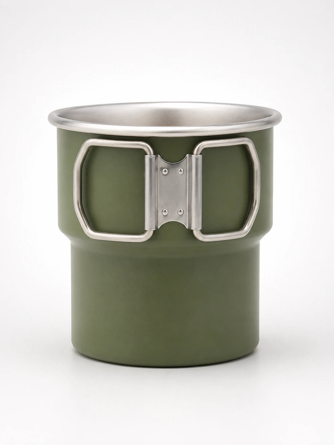 olive green matte stainless steel camping mug with a polished rim and two folding wire handles